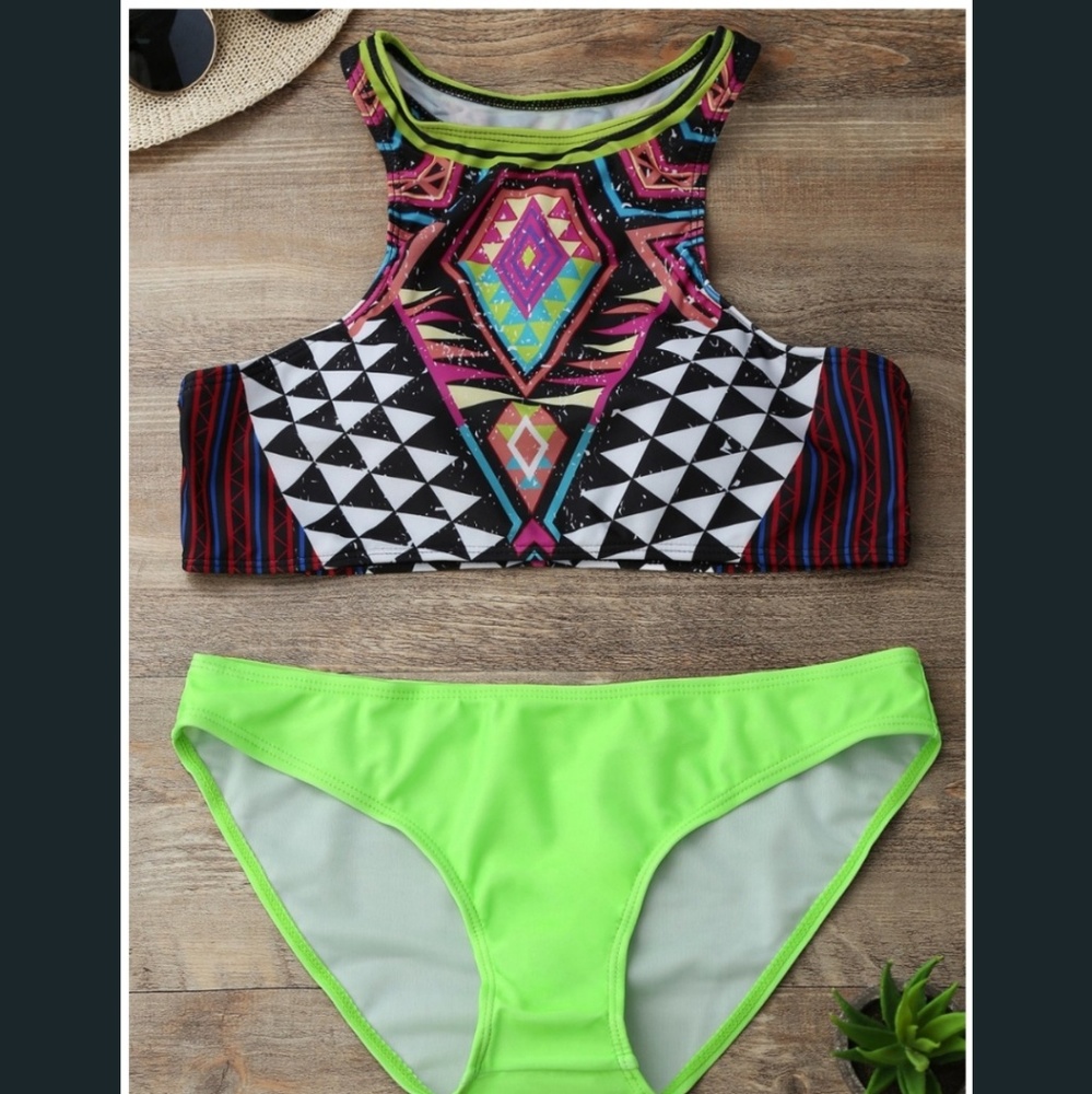 High Neck Tribal Print Two-Piece Swimsuit